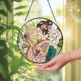 Geisha Suncatcher: Japanese Woman with Fan, Cherry Blossoms Art Panel